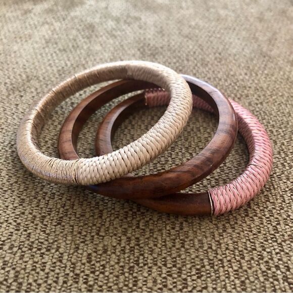 Boho Wood and Cord Wrapped Bangle Set | 2.5” Inner Diameter - Picture 4 of 4